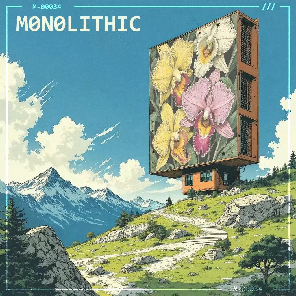 A monolith embedded in an illustrated environment